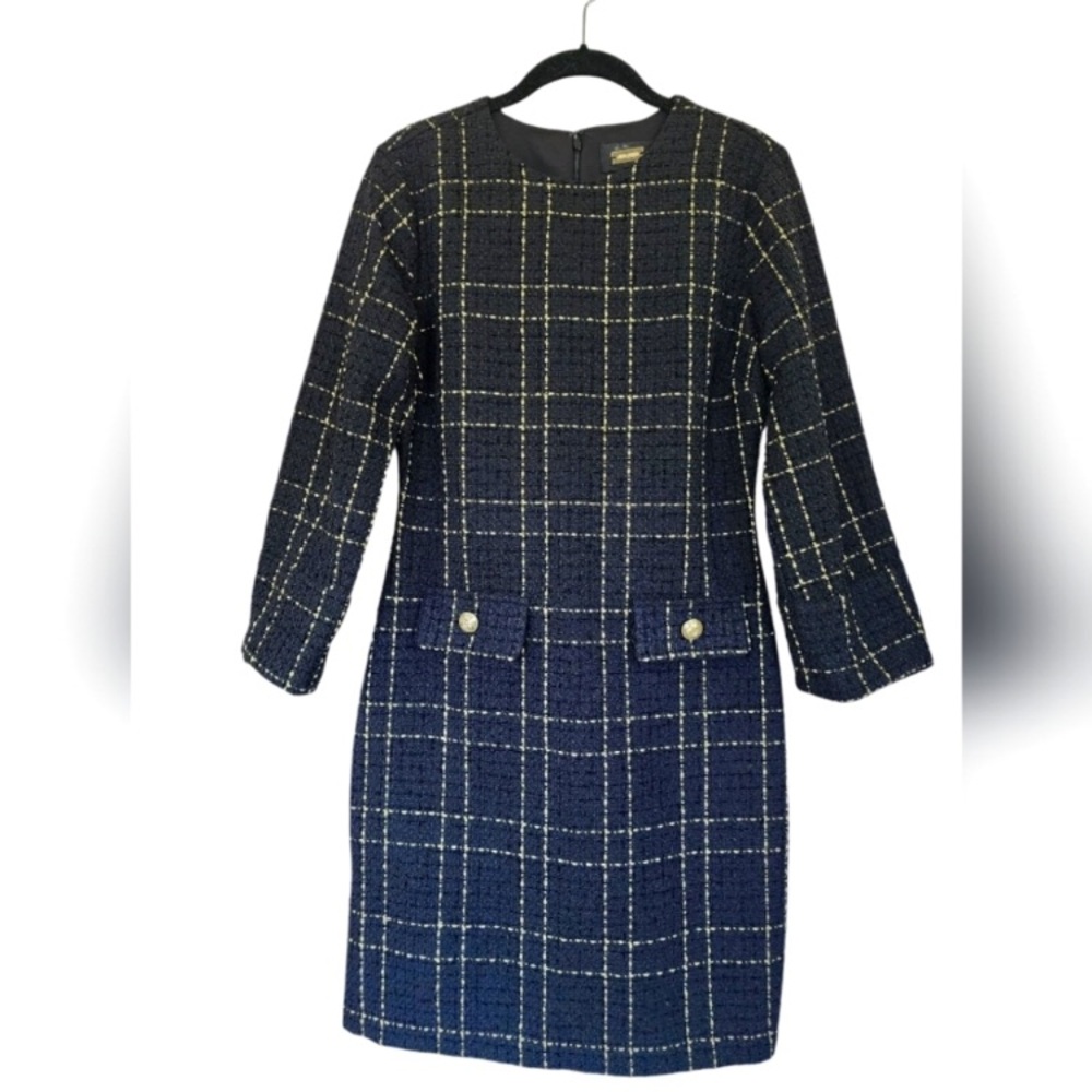 NEW Alexia Admor Black Gold Windowpane Tweed Midi Dress  Women’s Size 10